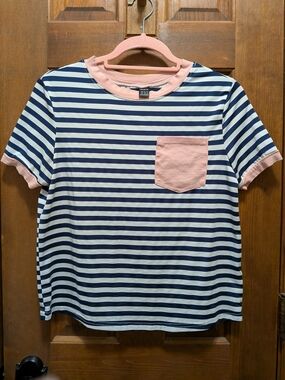 SHEIN Navy & Pink Striped Short Sleeve Pocket Tee
